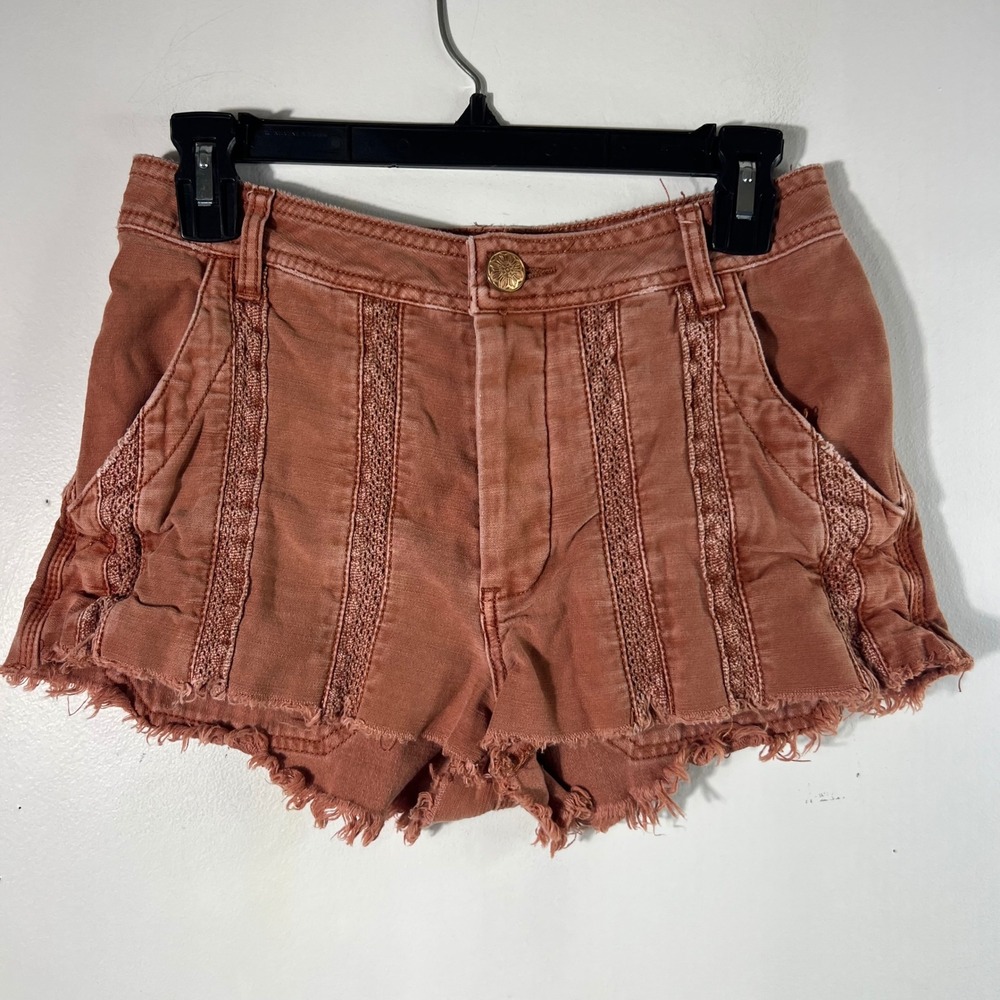 Free People Great Expectations Lace Cutout Rust Shortie Shorts 0 Raw Hem